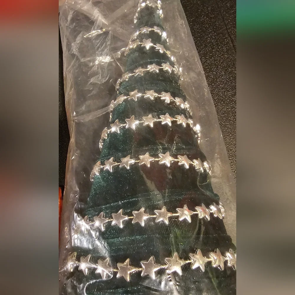 Christmas Holiday Decor. Green Velvet Trees with Silver Stars decor. 3 Pack. NWT